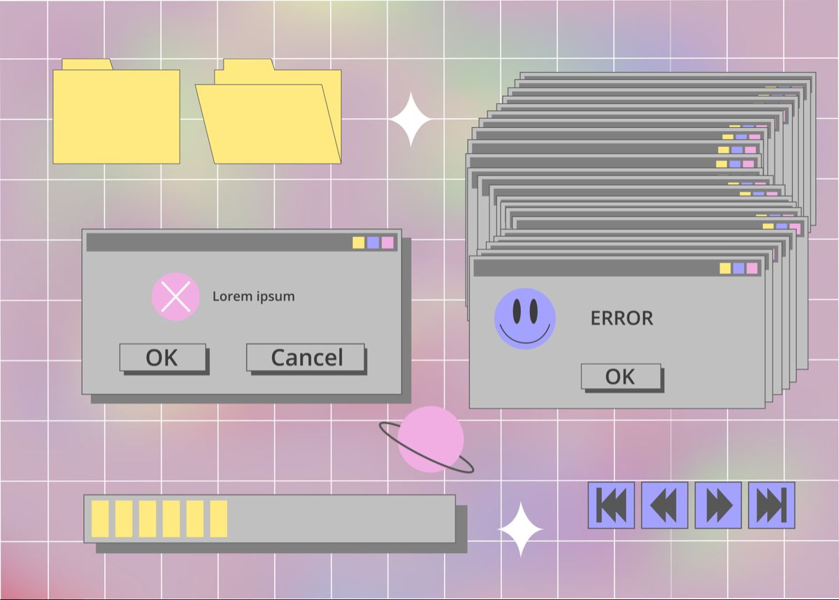 Interface digital inspirada em computadores antigos com janelas de erro, pastas e botões em estilo Y2K pastel